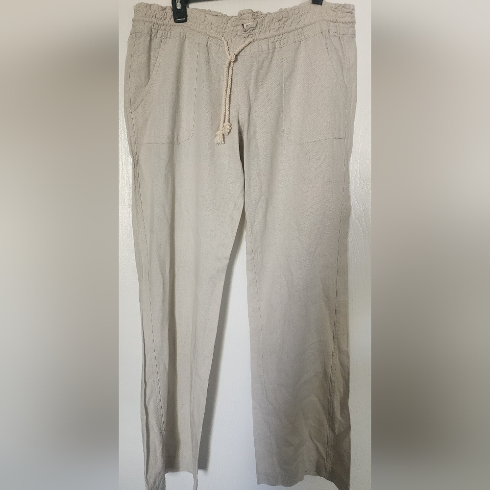 Womens Roxy Linen Pants - Taupe Front & Back Pockets. Elastic & Drawstring waist